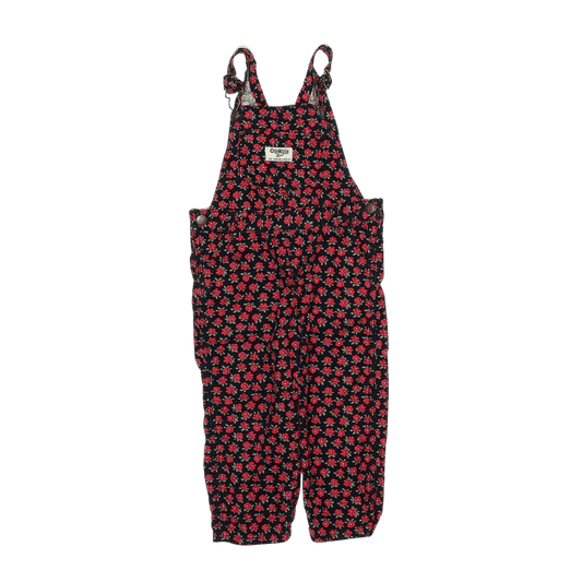 Vintage OshKosh B’gosh toddler overalls in red floral corduroy, size 18–24 months