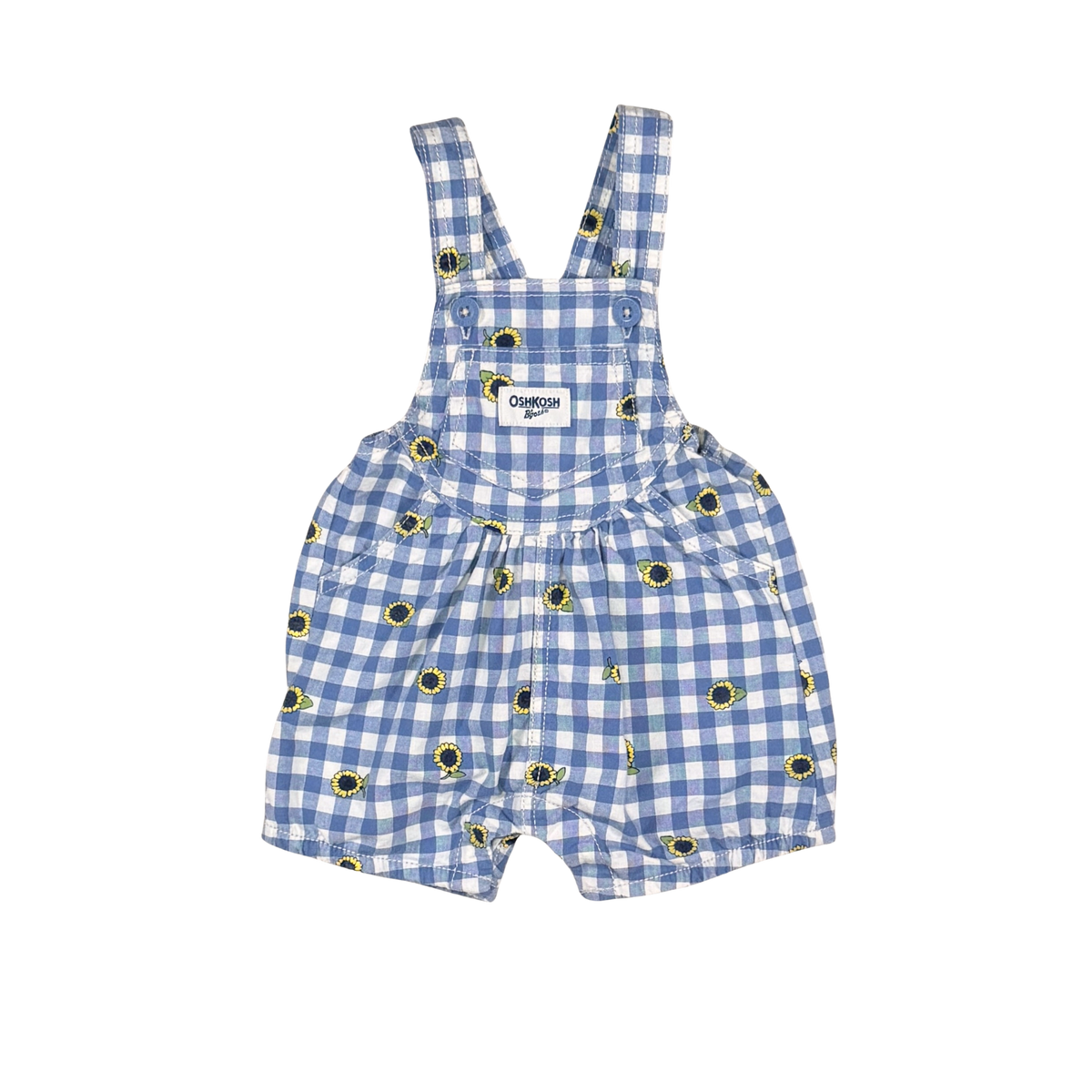 OshKosh Blue Gingham Sunflower Short Overalls | 3M