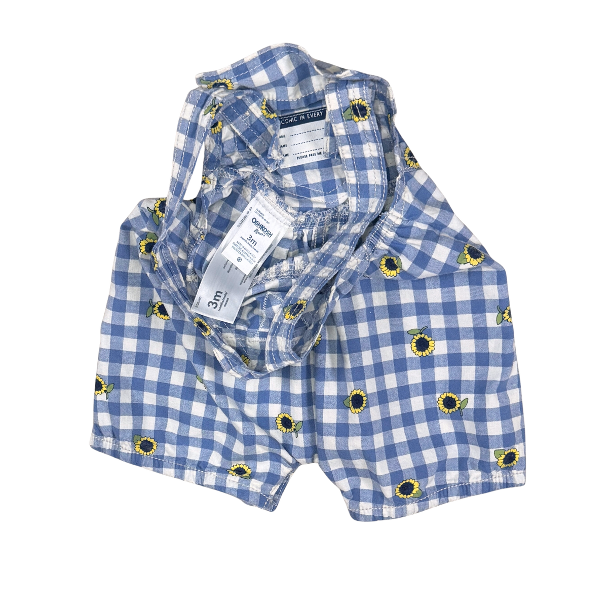 OshKosh Blue Gingham Sunflower Short Overalls | 3M