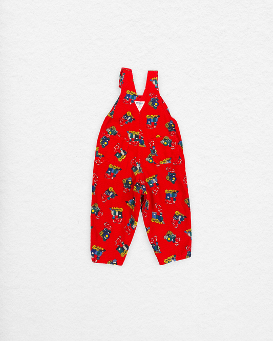 Vintage OshKosh Train Print Cord Overalls - 3T